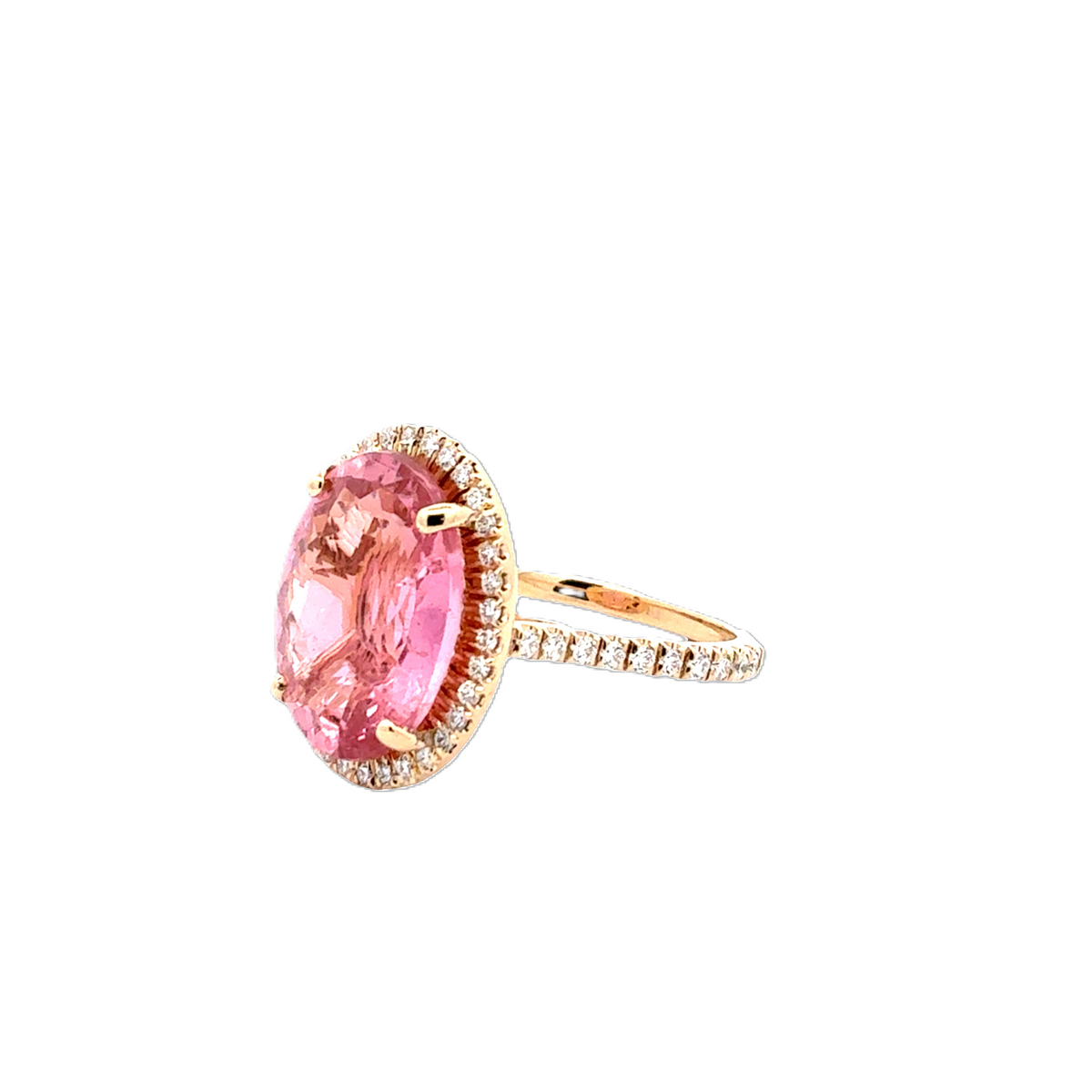 Yellow Gold Halo Pink Tourmaline and Diamond Ring