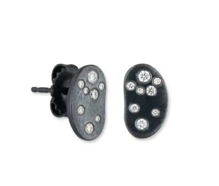 Oxidized sterling silver “DORA BEAN” stud earrings set with (16) roun