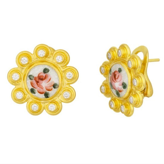 Gurhan Antiquities Gold Guilloche and Diamond Stud Earrings