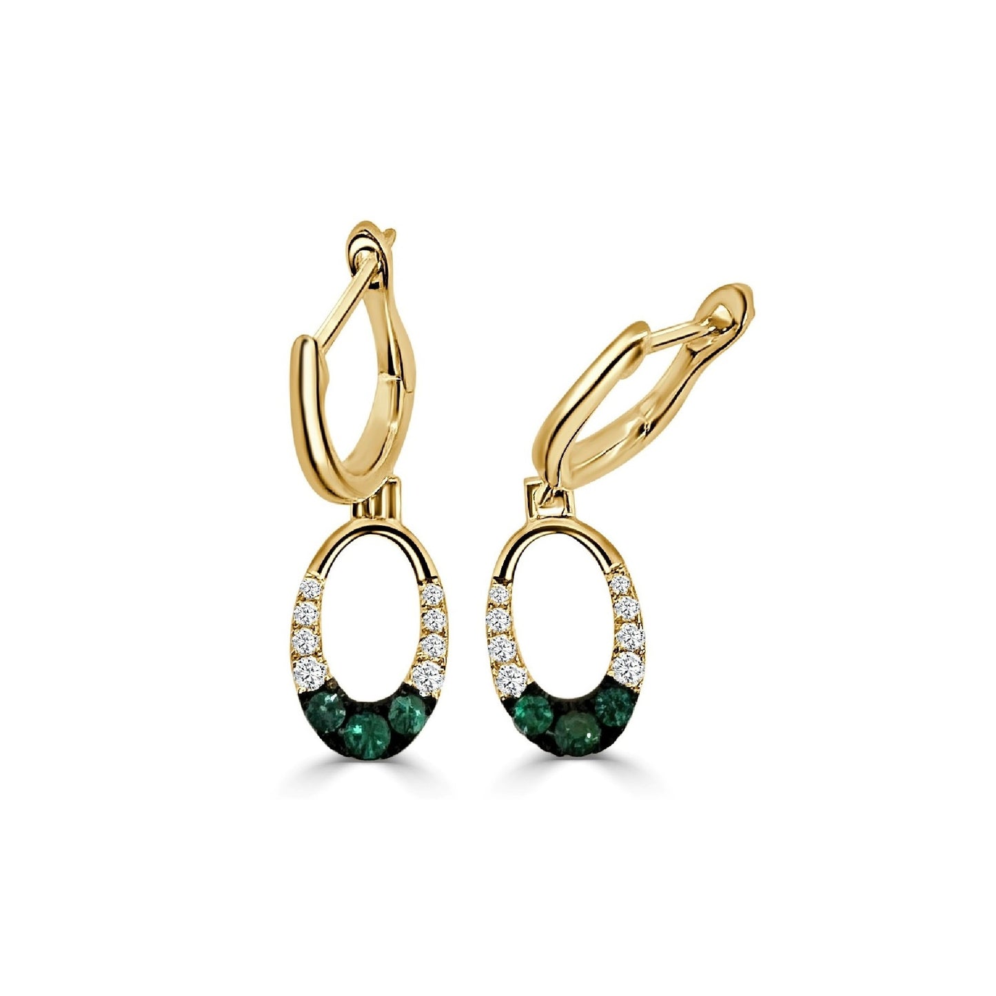 Yellow Gold Circle Drop Emerald and Diamond Earrings