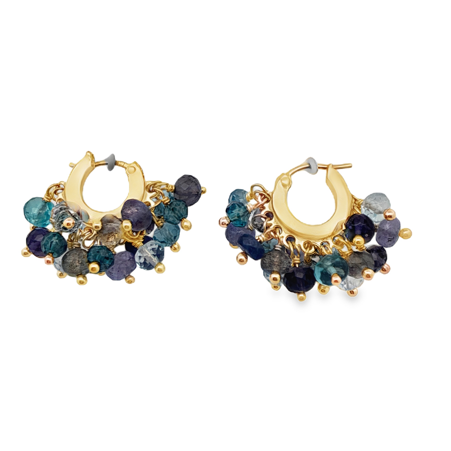 Yellow Gold Fringe Blue Bead Hoop Earrings