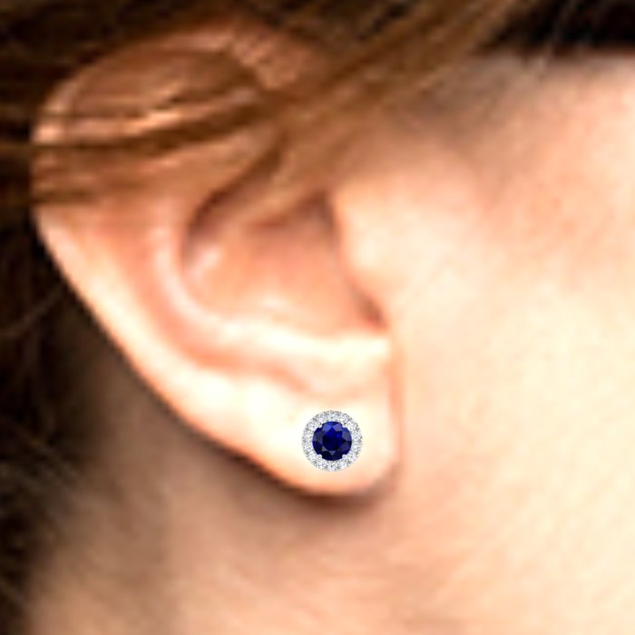 White Gold Halo Blue Sapphire and Diamond Stud Earrings