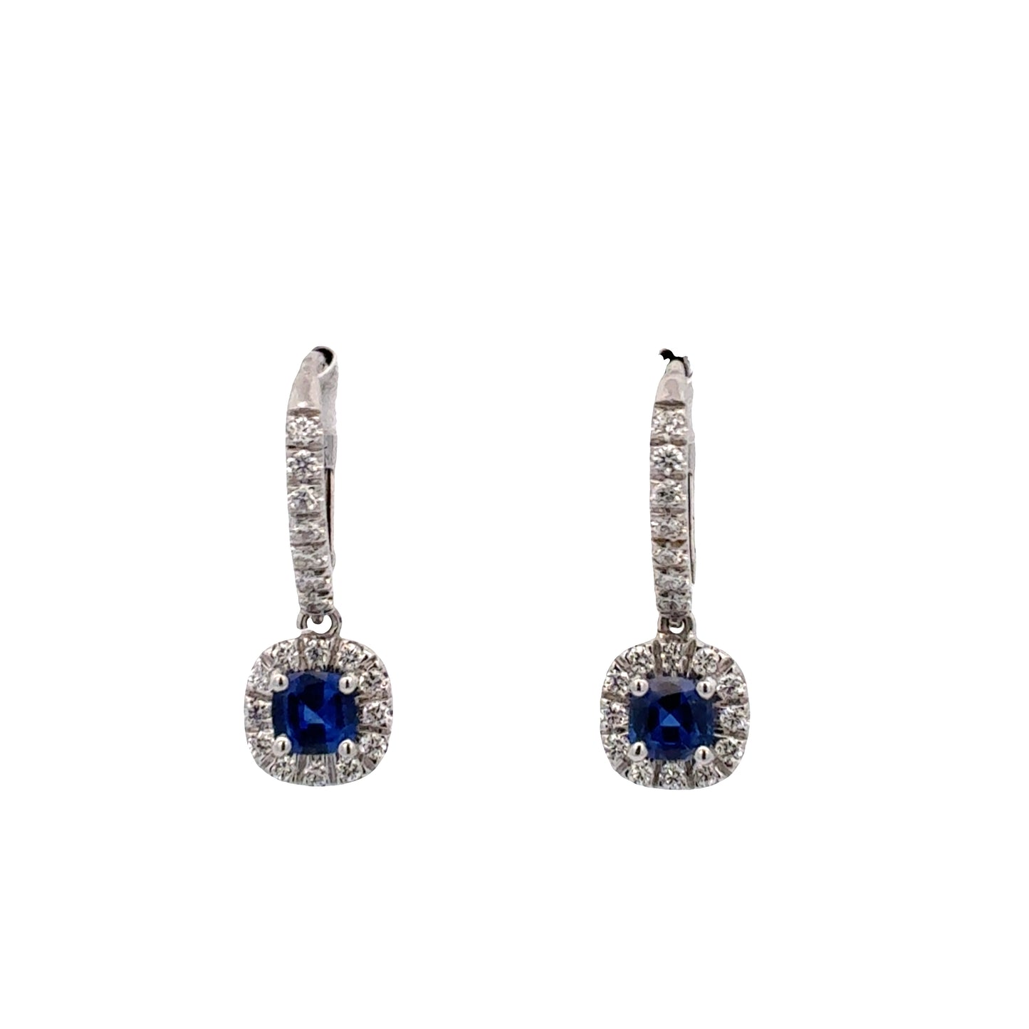 Blue Sapphire and Diamond Halo Drop Earrings