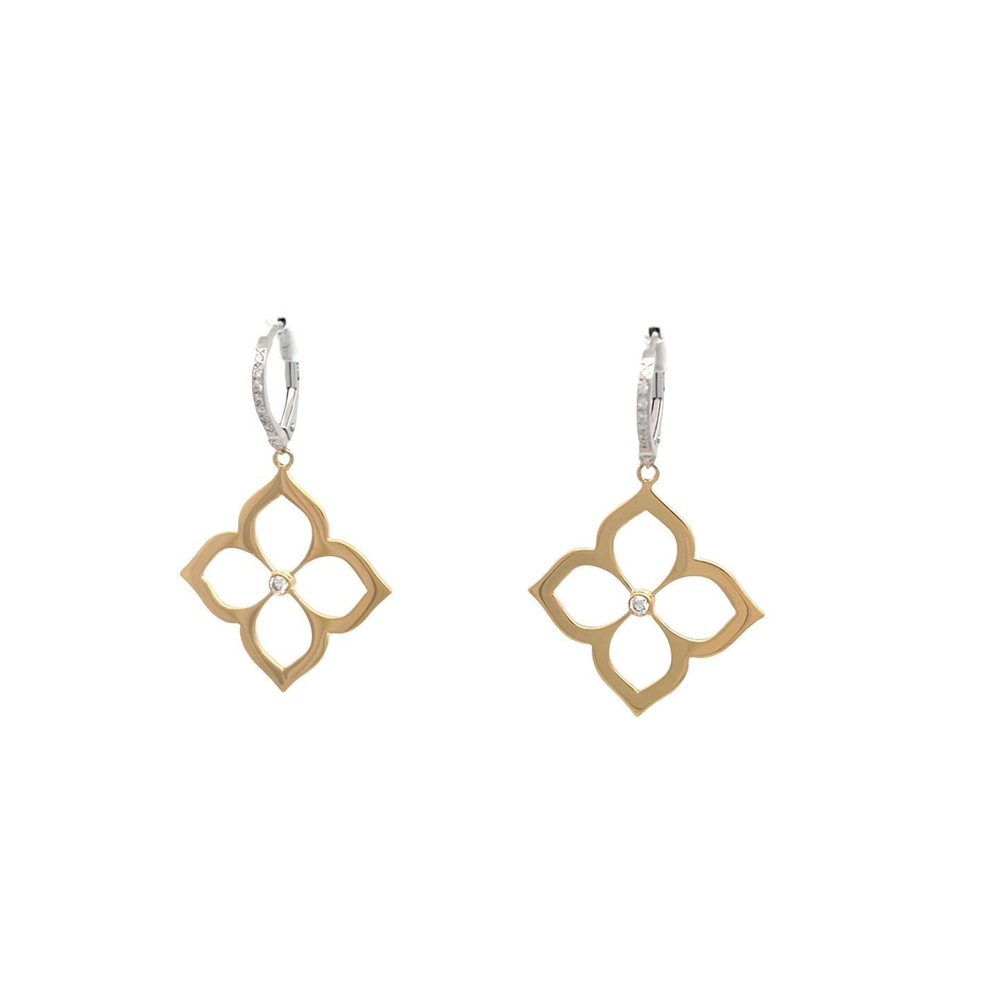 18K yellow/white gold large Lotus drop earrings set with round diamon