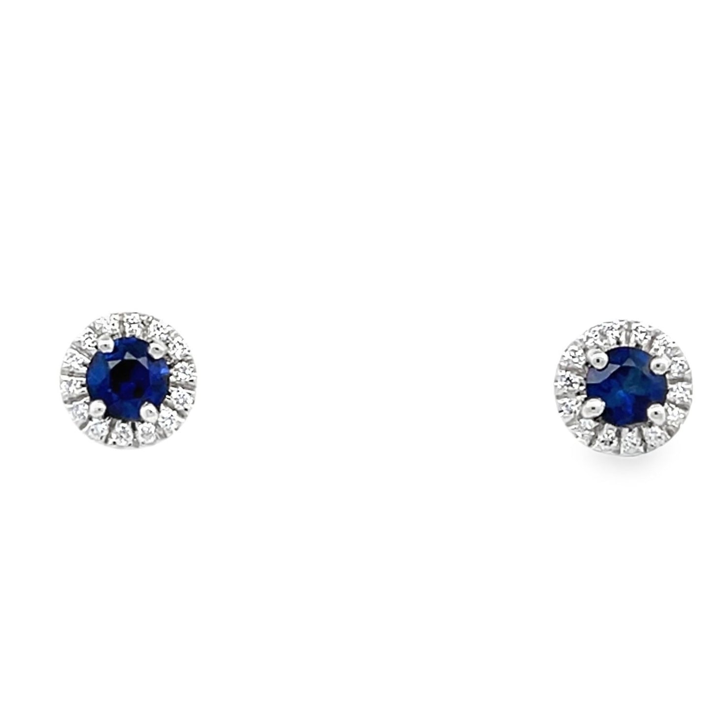 White Gold Halo Blue Sapphire and Diamond Stud Earrings