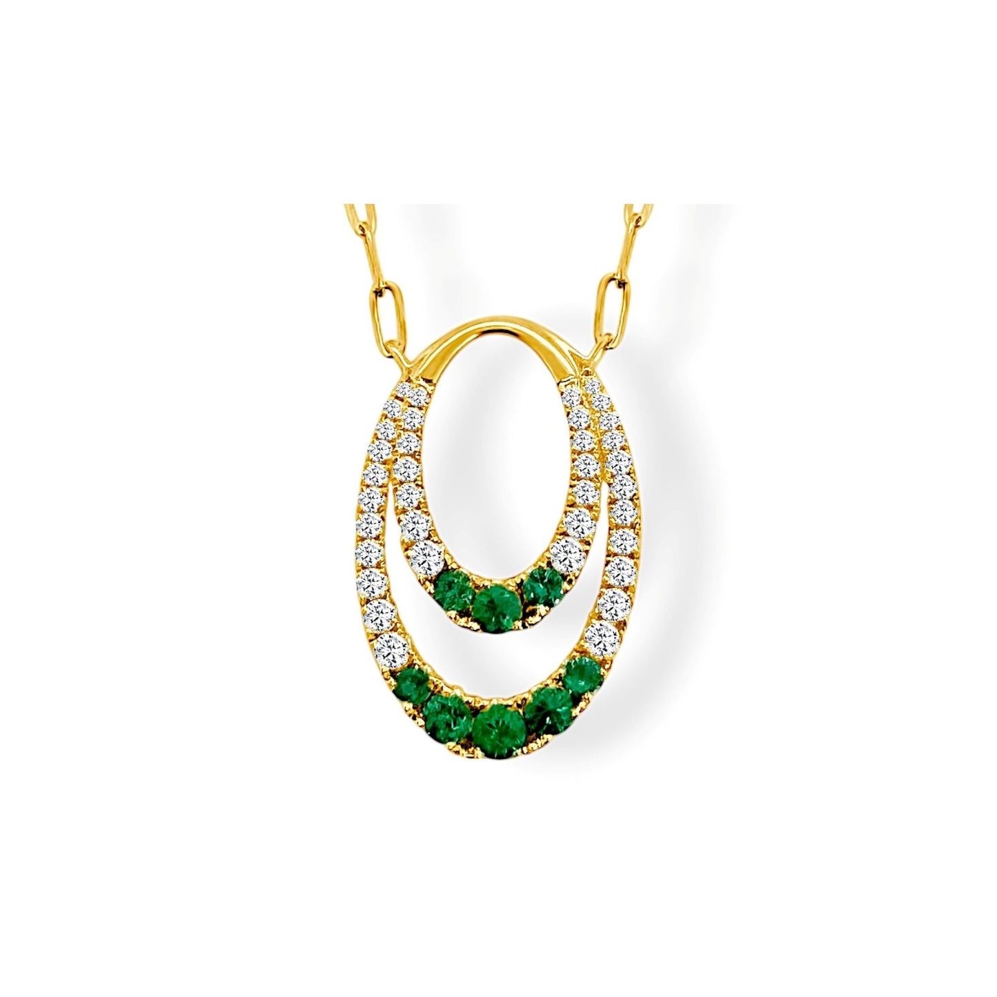 Yellow Gold Double Circle Emerald and Diamond Pendant