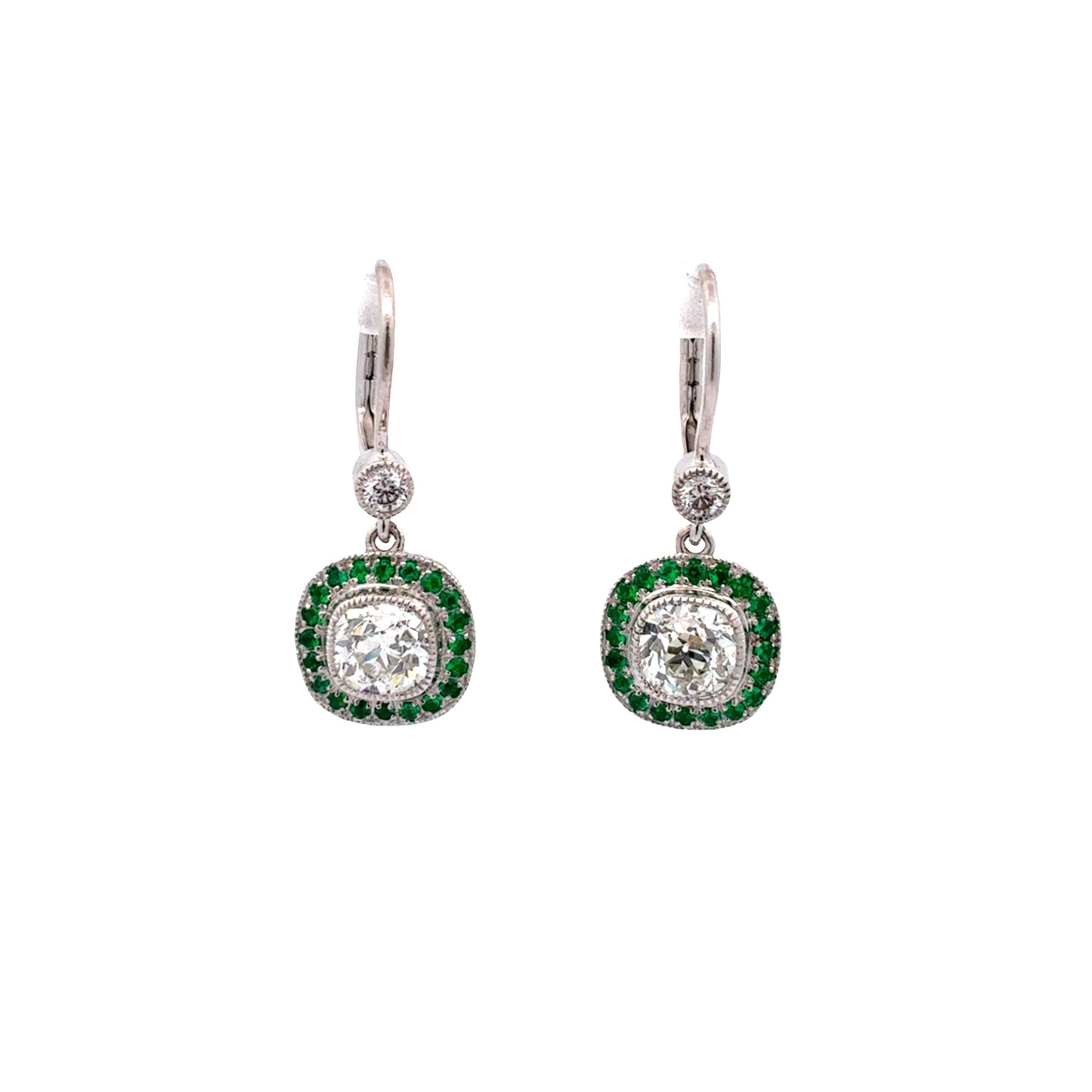 White Gold Emerald and Diamond Hanging Earrings