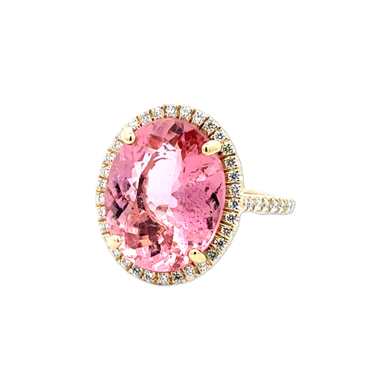 Yellow Gold Halo Pink Tourmaline and Diamond Ring