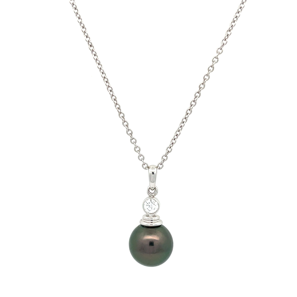 White Gold Pearl and Diamond Drop Necklace