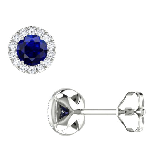 White Gold Halo Blue Sapphire and Diamond Stud Earrings