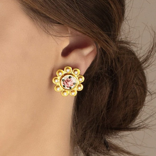 Gurhan Antiquities Gold Guilloche and Diamond Stud Earrings