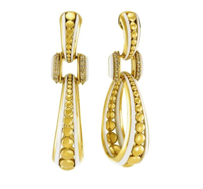 18K yellow gold and hand carved white ceramic earrings set with white