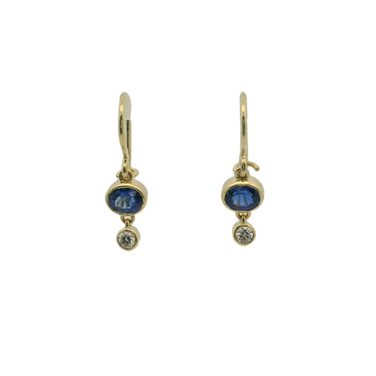 Yellow Gold Drop Blue Sapphire & Diamond Earrings