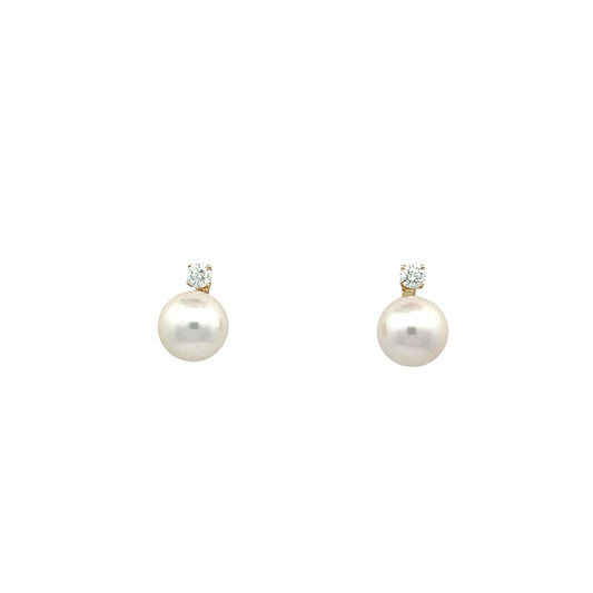 Yellow Gold Japanese Culture Pearl and Diamond Stud Earrings