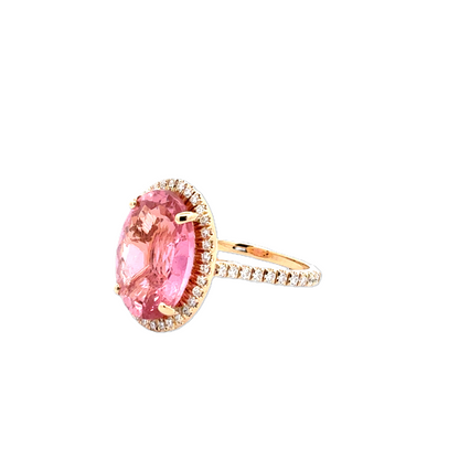 Yellow Gold Halo Pink Tourmaline and Diamond Ring