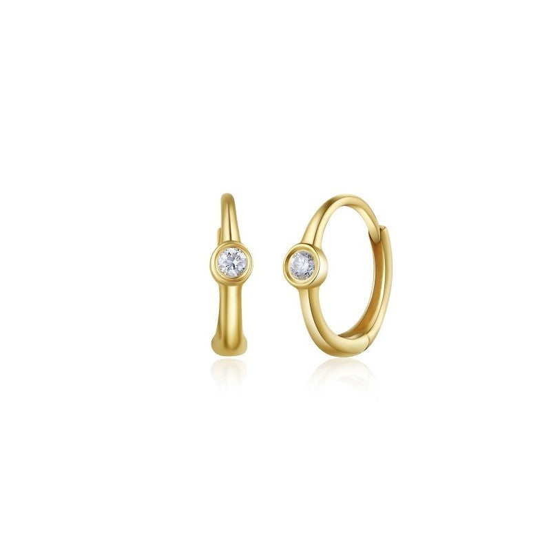 14K yellow gold huggie earrings, set with (2) round diamonds totaling