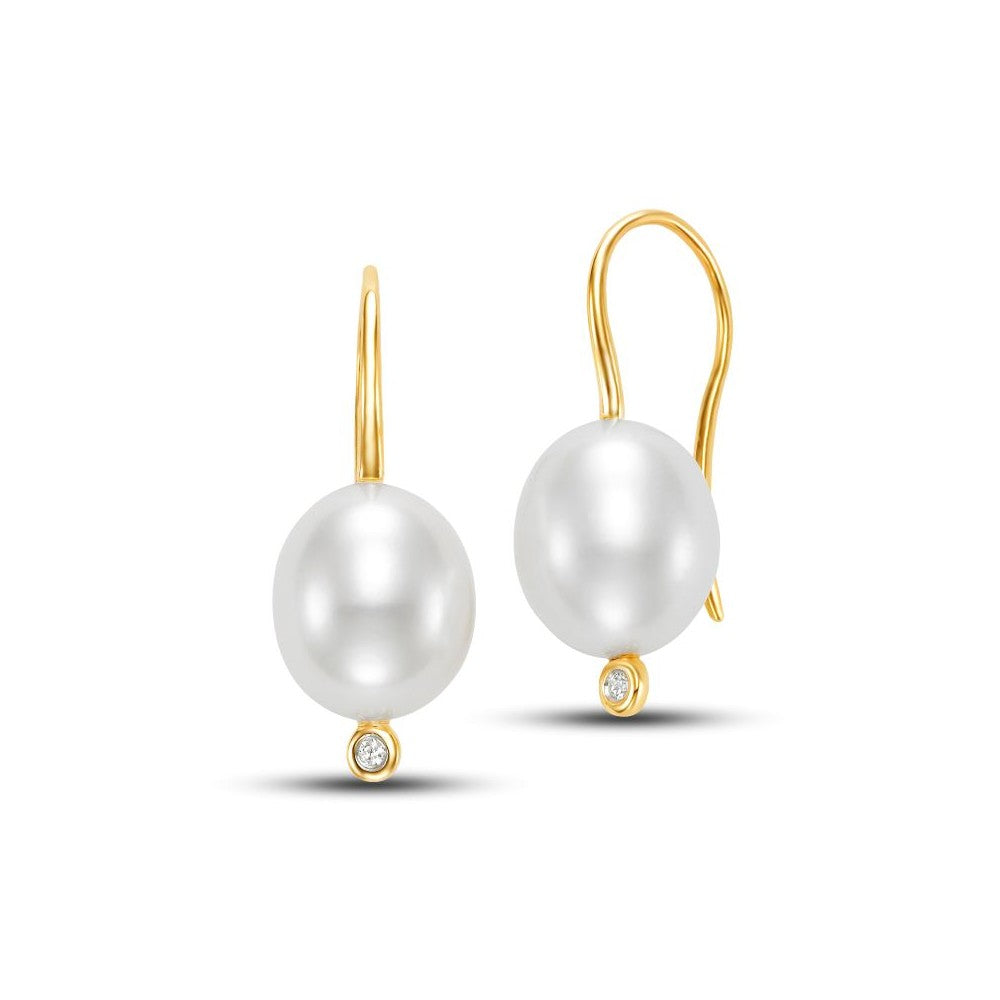 Yellow Gold Freshwater Pearl and Diamond Drop Earrings