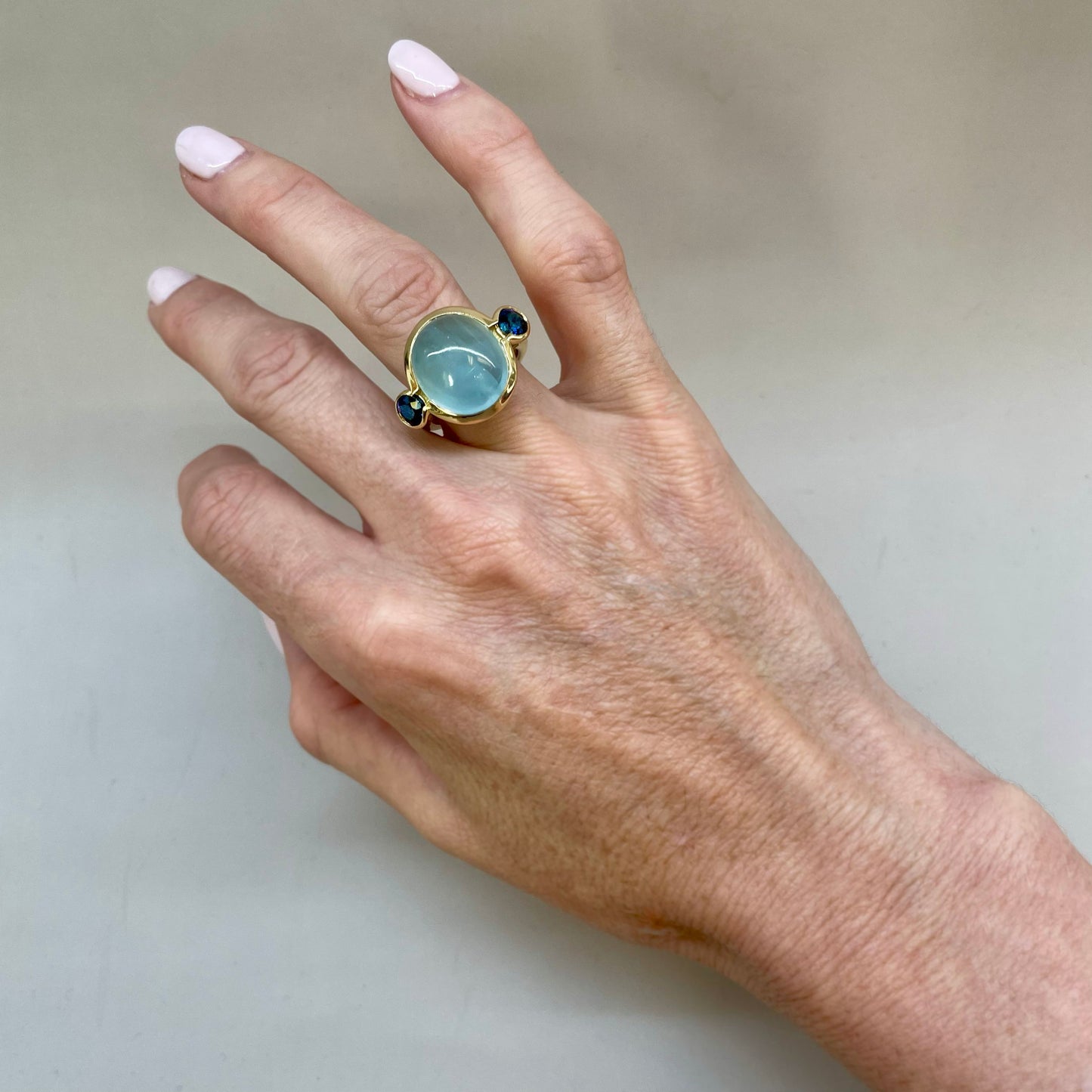 Ray Griffiths Cabochon Round Aqua & Blue Sapphire Ring