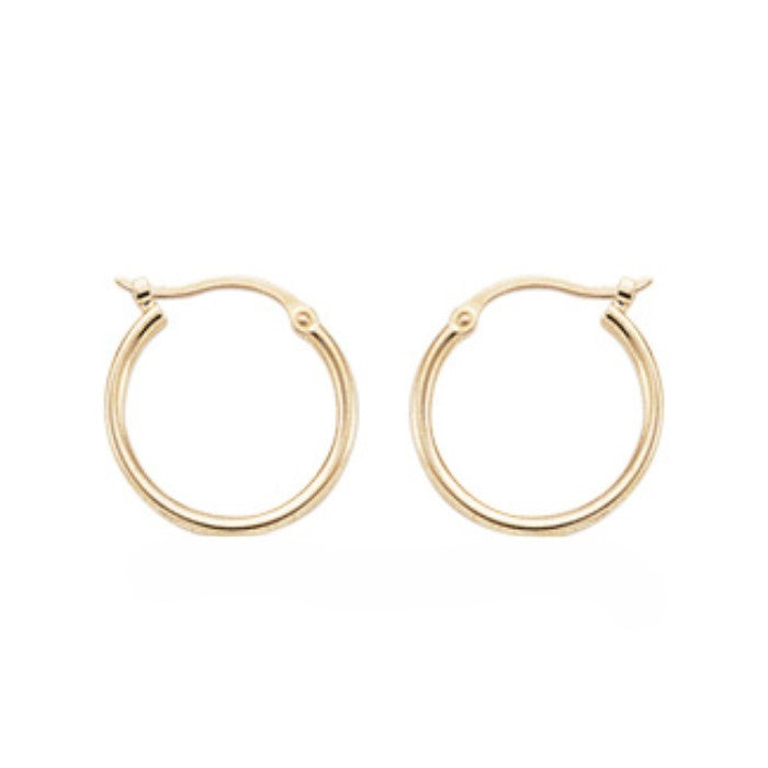 14K yellow gold small hoop 1.5mm x 15mm earrings, wire clutch closing