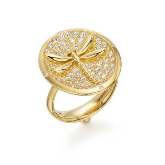 18K yellow gold pave Dragonfly ring set with round diamonds totaling 1