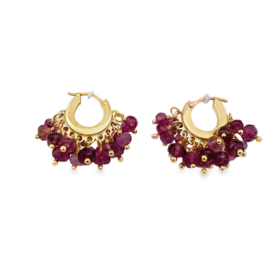 Yellow Gold Fringe Pink Beads Hoop Earings