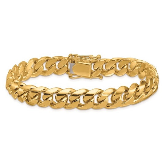 14K yellow gold 10.5 mm curb bracelet in 8 inches with a box catch.