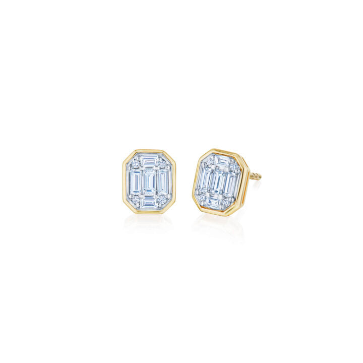 Kwiat Sunburst Round Brilliant & Emerald Cut Diamond Studs