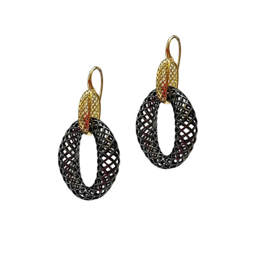 18K yellow gold/oxidized silver drop crownwork earrings on a wire.