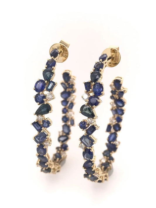 Yellow Gold Blue Sapphire and Diamond Hoop Earrings