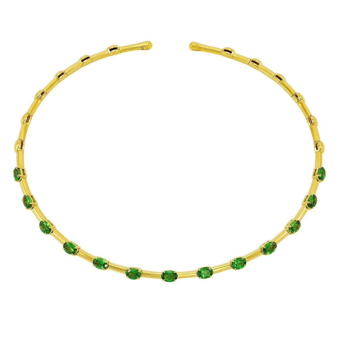 18K yellow gold collar necklace set with (13) oval green tsavorite tot