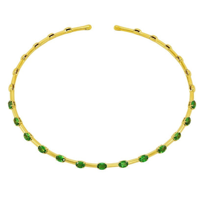 18K yellow gold collar necklace set with (13) oval green tsavorite tot