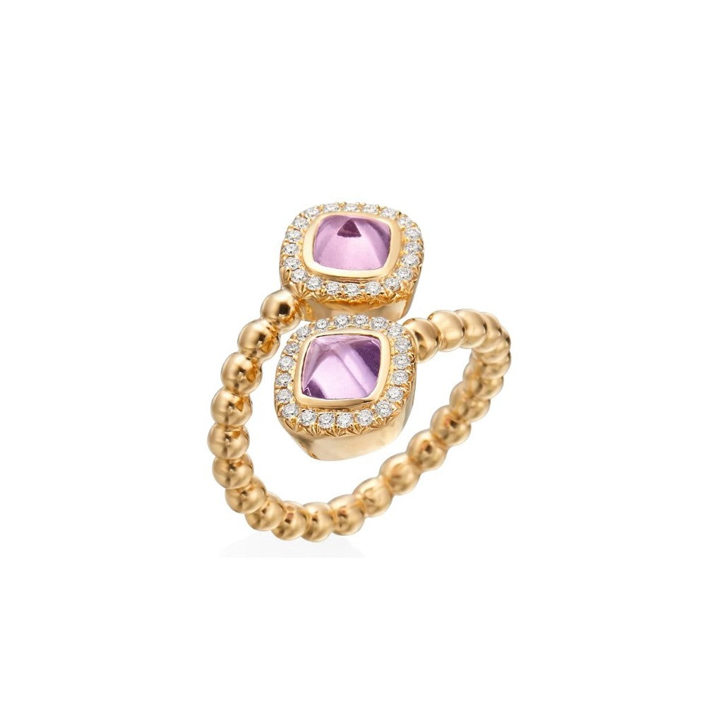 18K yellow gold Nutmeg crossover ring set with (40) round diamonds tot