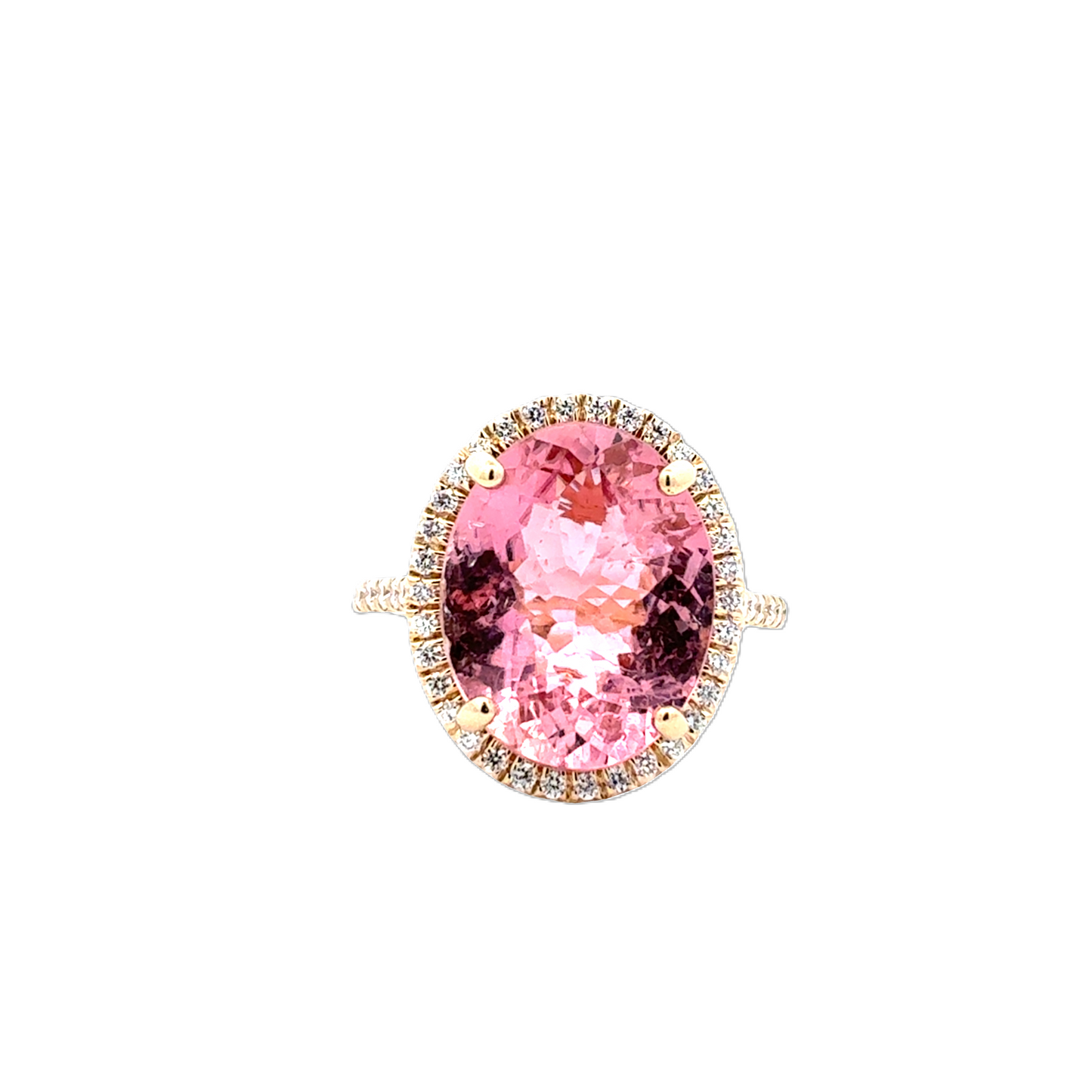Yellow Gold Halo Pink Tourmaline and Diamond Ring