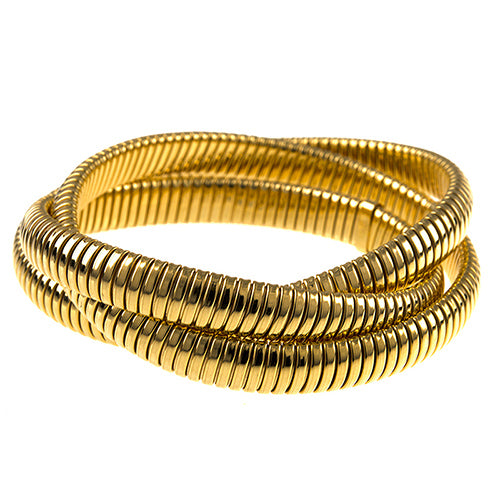 18K yellow gold polished semi-solid intertwined stretch slip-on bangle
