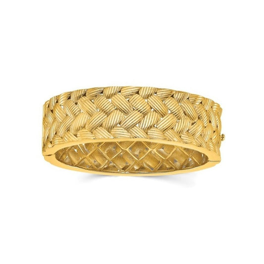 18K yellow gold polished grove and woven 20 mm hinged bangle bracelet