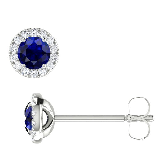 White Gold Halo Blue Sapphire and Diamond Stud Earrings
