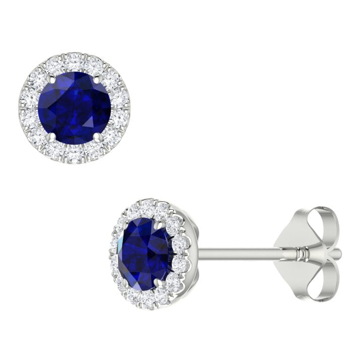 White Gold Halo Blue Sapphire and Diamond Stud Earrings