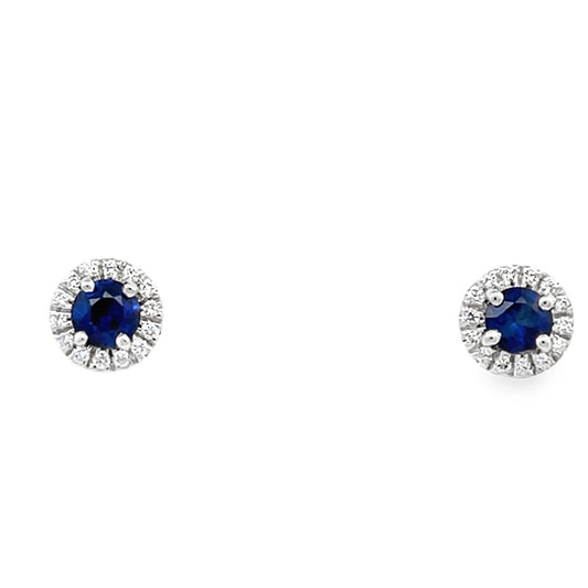White Gold Halo Blue Sapphire and Diamond Stud Earrings