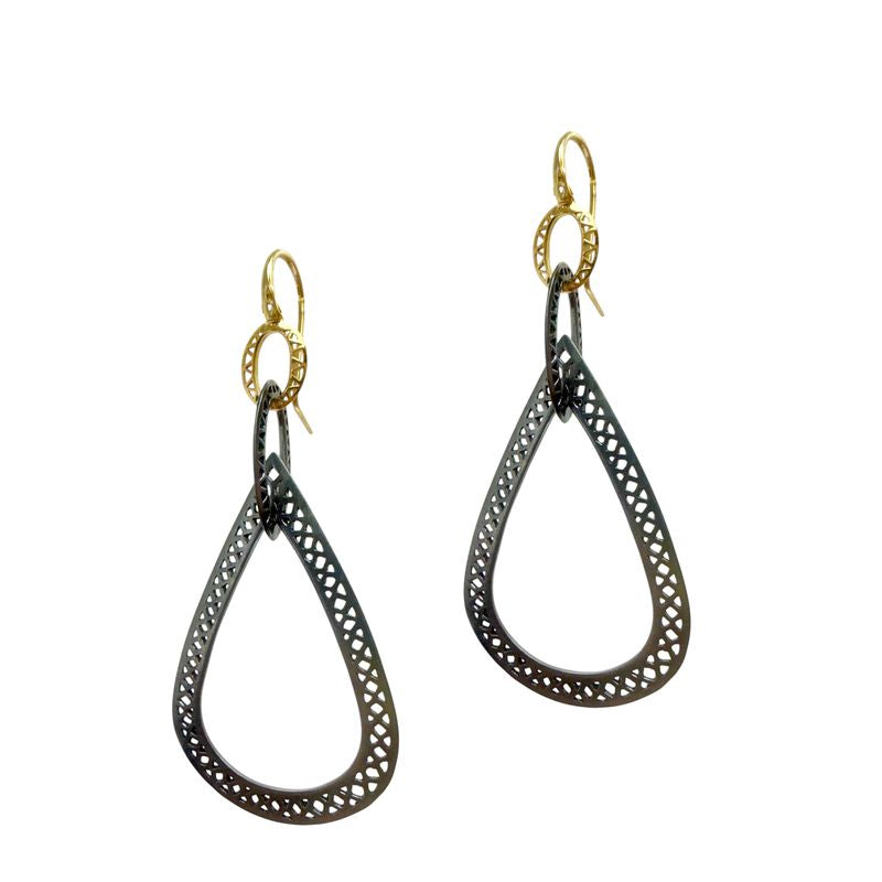 Ray Griffiths Gold and Oxidized Drop Earrings