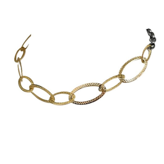 18K yellow gold/oxidized disc link chain with a lily pad clasp in 18 i