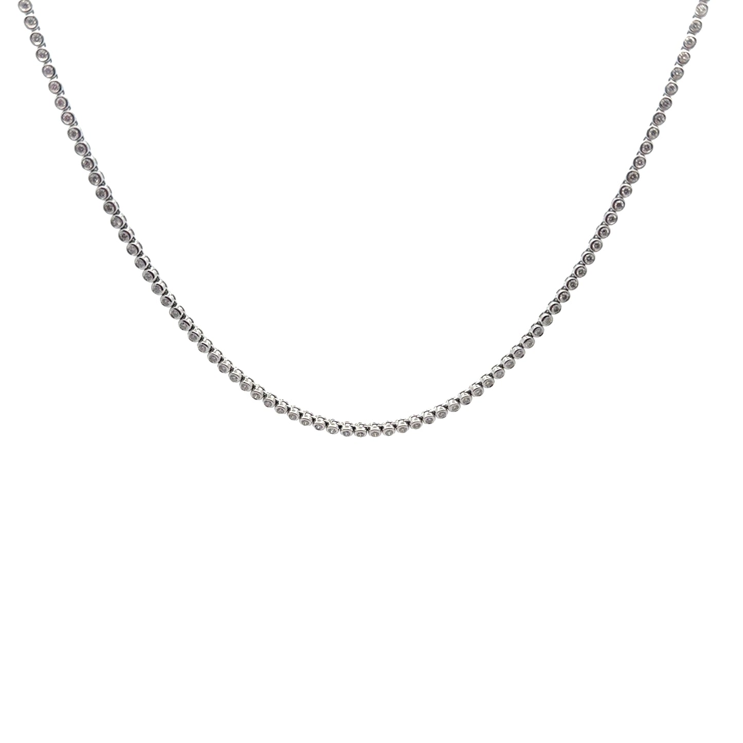 14K white gold tennis necklace set with (147) round diamonds totaling