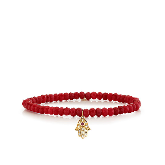Sydney Evan Red Jade Beads and Diamond Stretch Bracelet