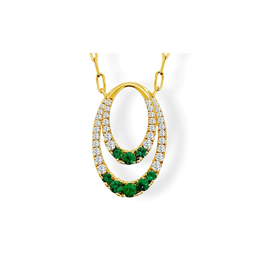 Yellow Gold Double Circle Emerald and Diamond Pendant
