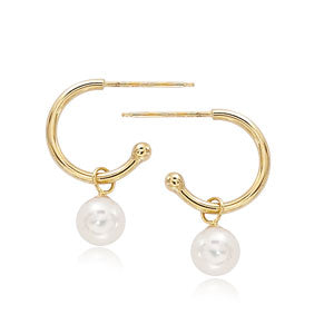 Yellow Gold Pearl Hoop Earrngs