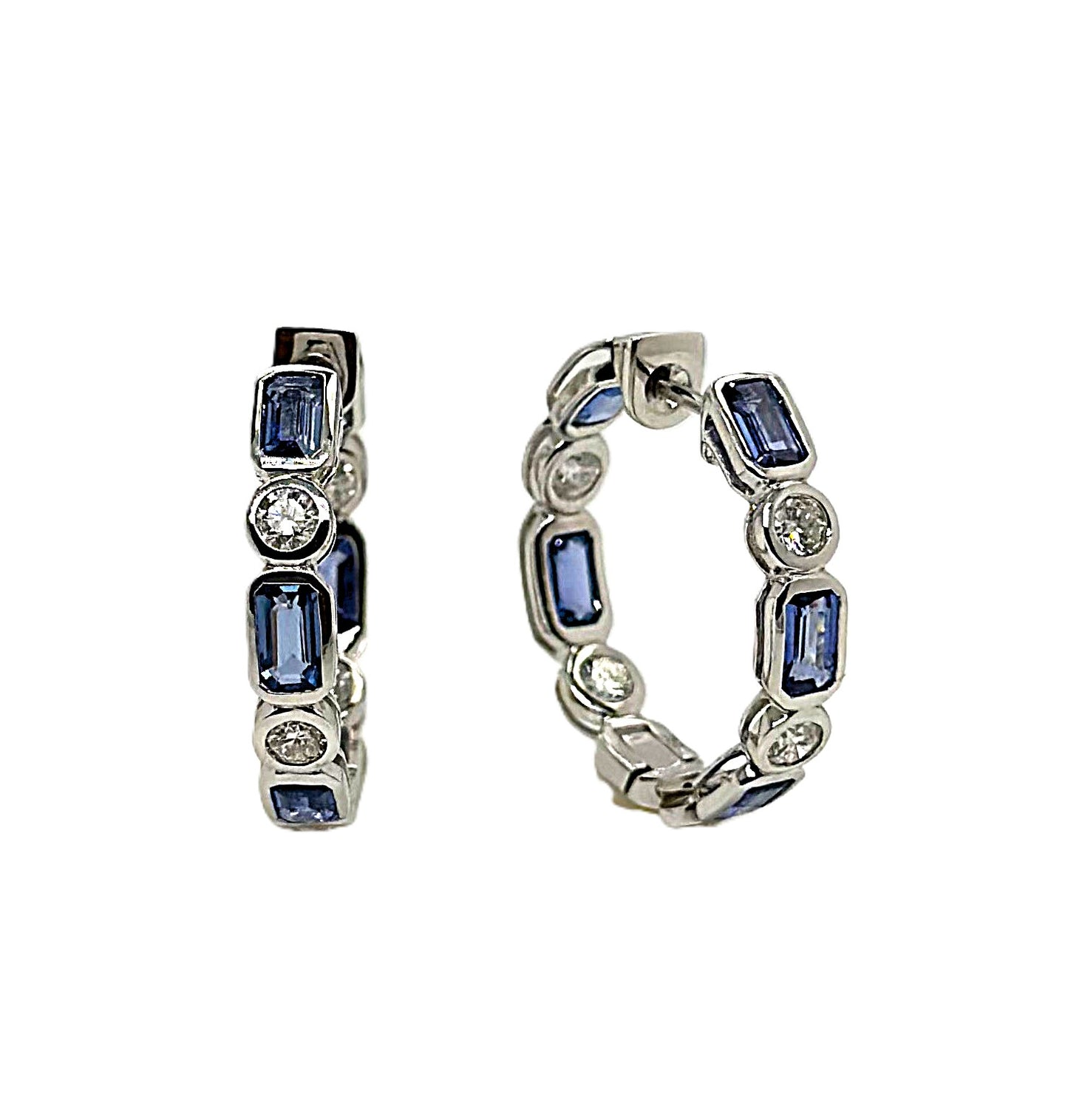 White Gold Blue Sapphire and Diamond Hoop Earrings