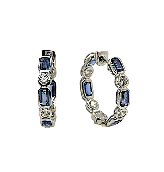 White Gold Blue Sapphire and Diamond Hoop Earrings