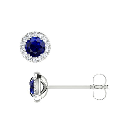 White Gold Halo Blue Sapphire and Diamond Stud Earrings